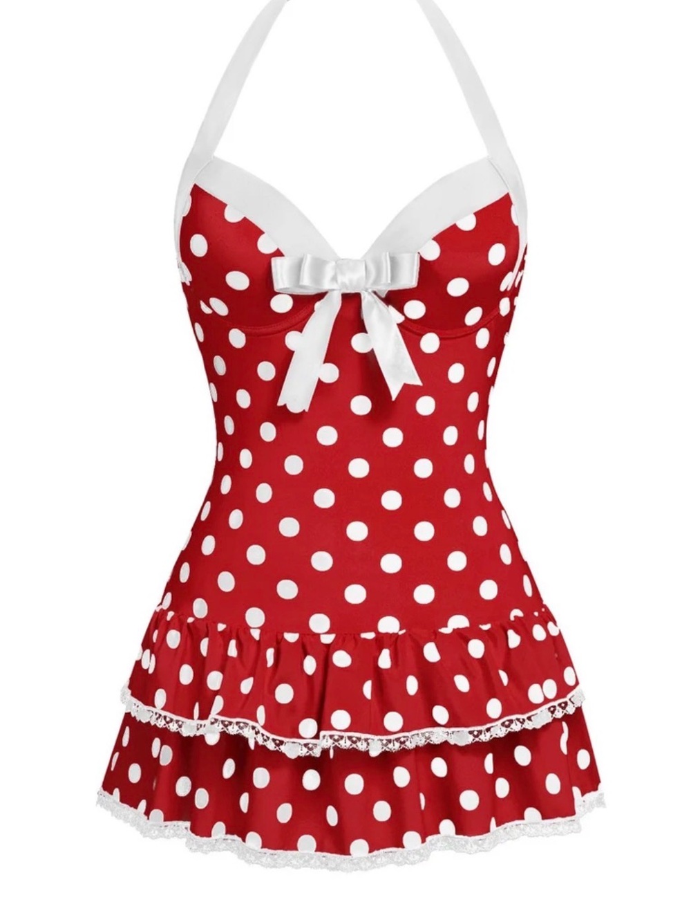 Red Polka Dot Halter One-Piece Swimdress with White Trim